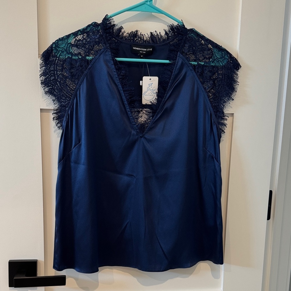 Generation Love Deep Blue Lace Sleeve Blouse